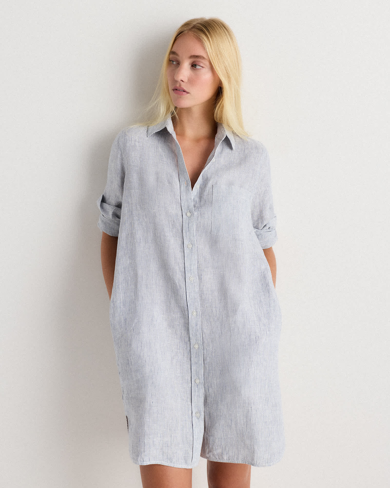 blue-pinstripe 100% European Linen Shirt Dress