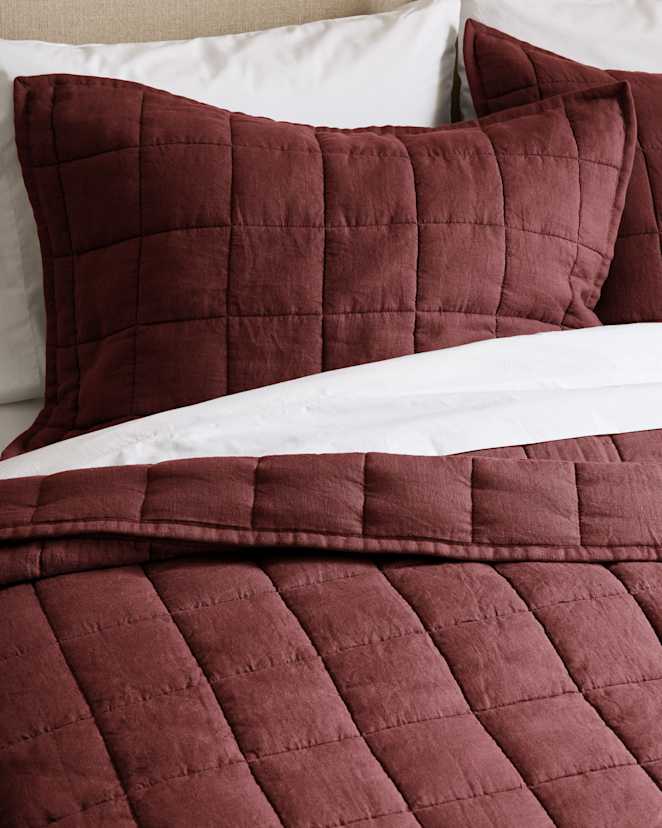 Burgundy Ensemble de taies décoratives matelassées en lin européen à carreaux