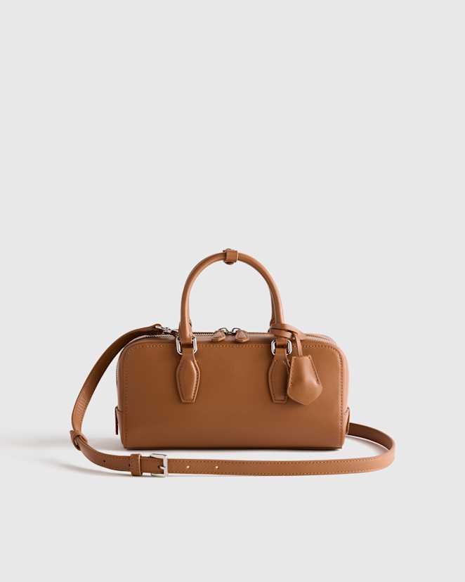 Cognac Italian Leather Mini Bowler Crossbody Satchel