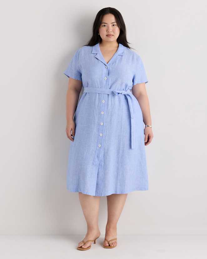 French Blue 100% European Linen Button Front Dress