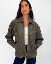 100- Leather Oversized Bomber Jacket Distressed Brown IH Model 4x5 Thumbnail