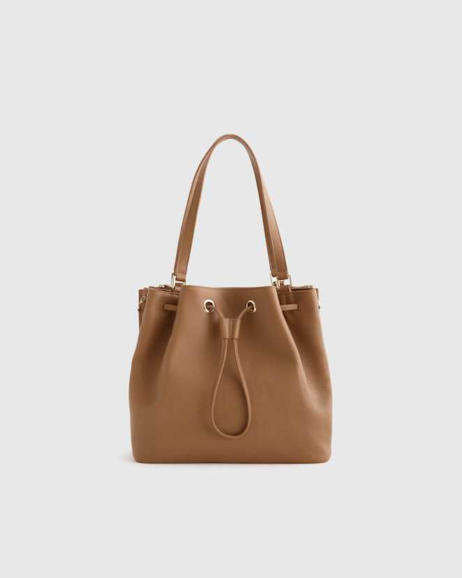 Cognac Italian Leather Triple Compartment Bucket Bag