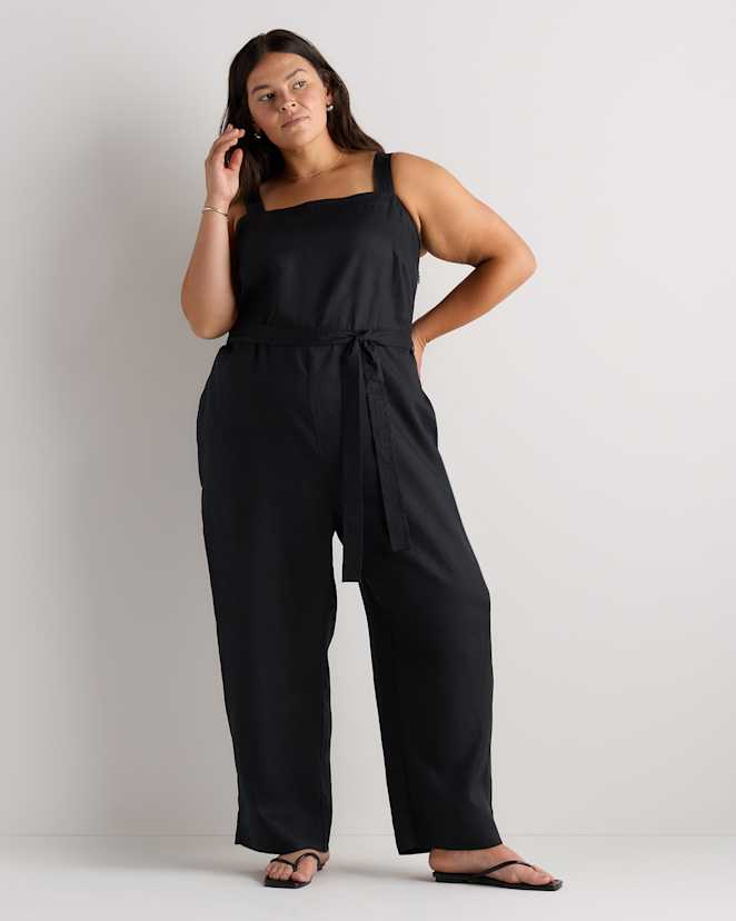 Black 100% European Linen Square Neck Jumpsuit