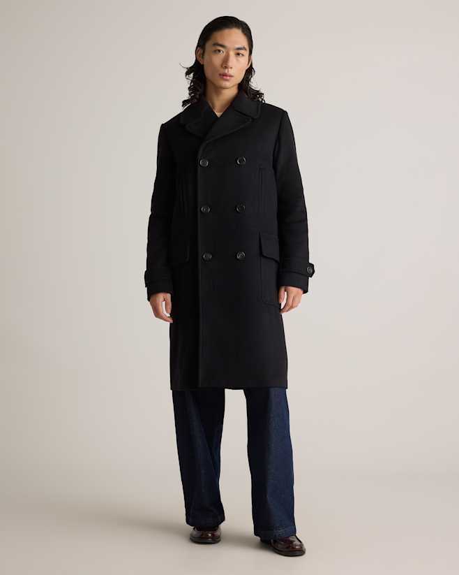 Black Italian Wool Double-Breasted Officer Topcoat