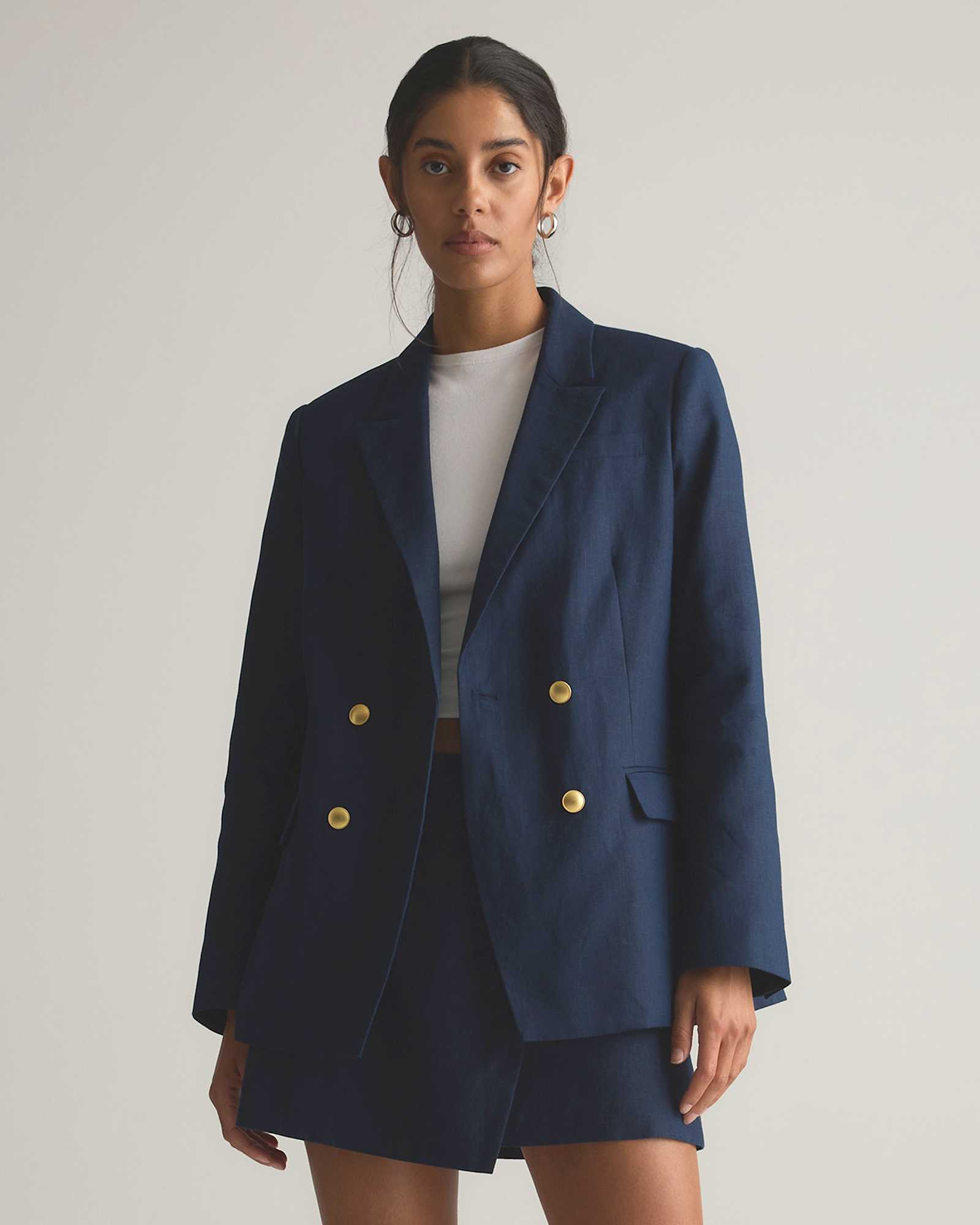 Deep Navy 100% European Linen Relaxed Double-Breasted Blazer