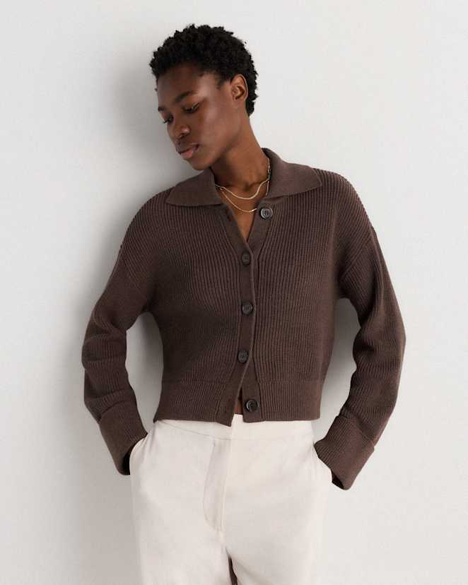 Heather Brown Cardigan style pêcheur en coton biologique à 100 % à col