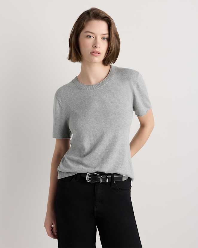 Heather Grey T-shirt style pull décontracté léger en coton et cachemire