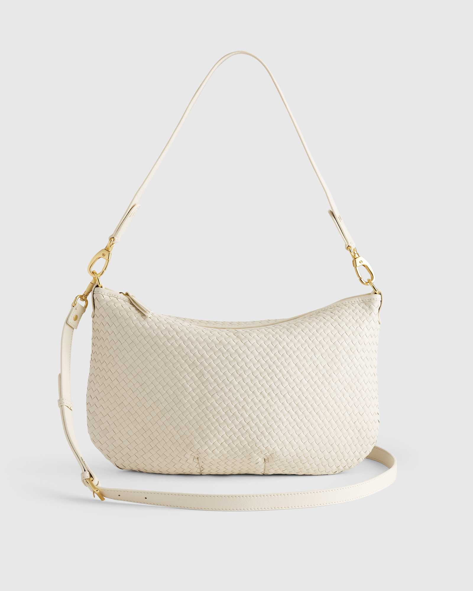 bone Italian Leather Convertible Crescent Handwoven Shoulder Bag