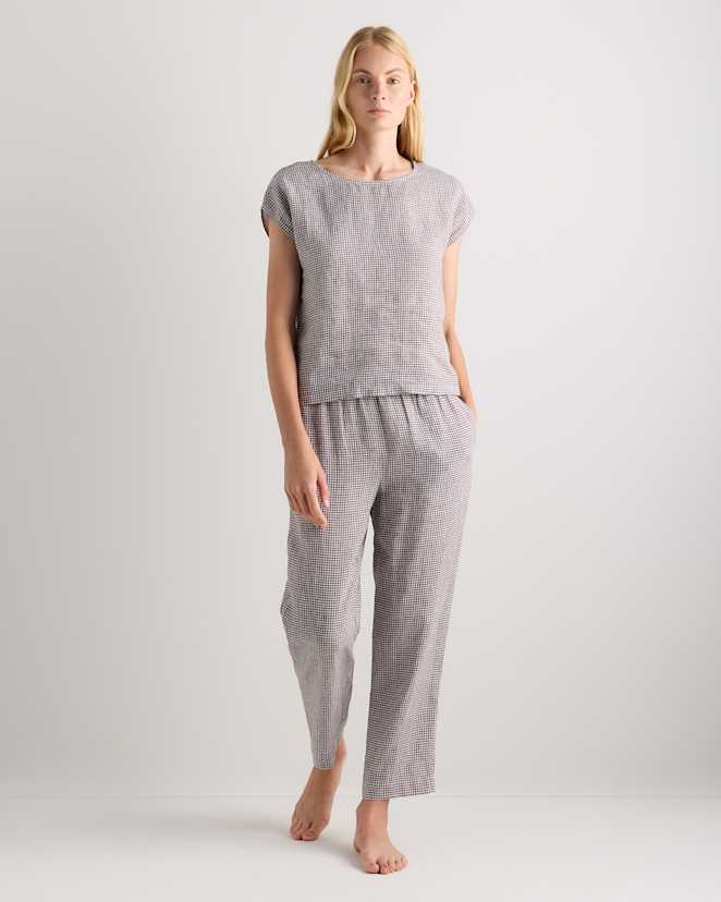 Taupe Brown Gingham 100% European Linen Pajama Set