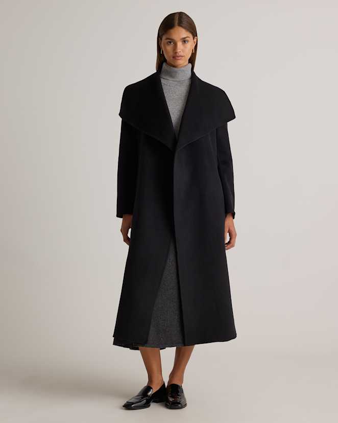 Black Double-Faced Merino Wool Draped Collar Wrap Coat