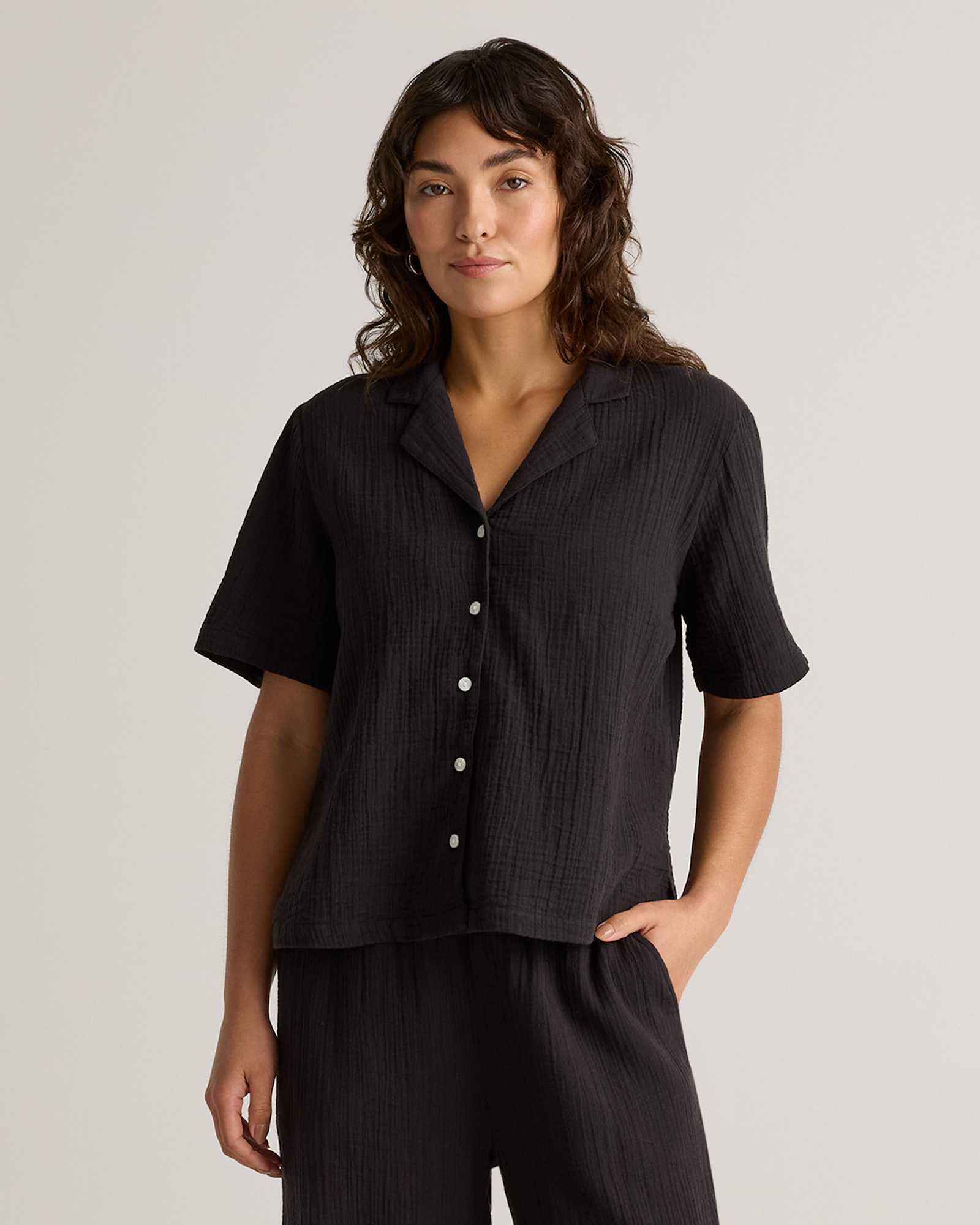black 100% Organic Cotton Gauze Short Sleeve Shirt