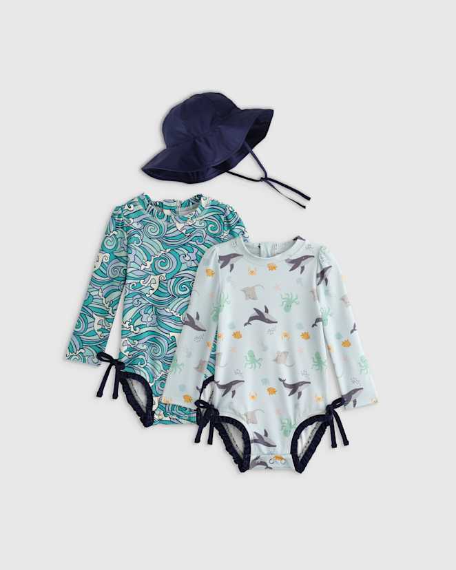 Under the Sea/Waves Sunsafe Ruffle One-Piece Rash Guard & Hat Set