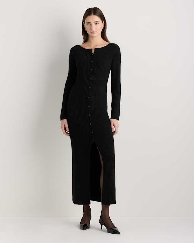 Black 100% Yak Wool Ribbed Cardigan Sweater Dress