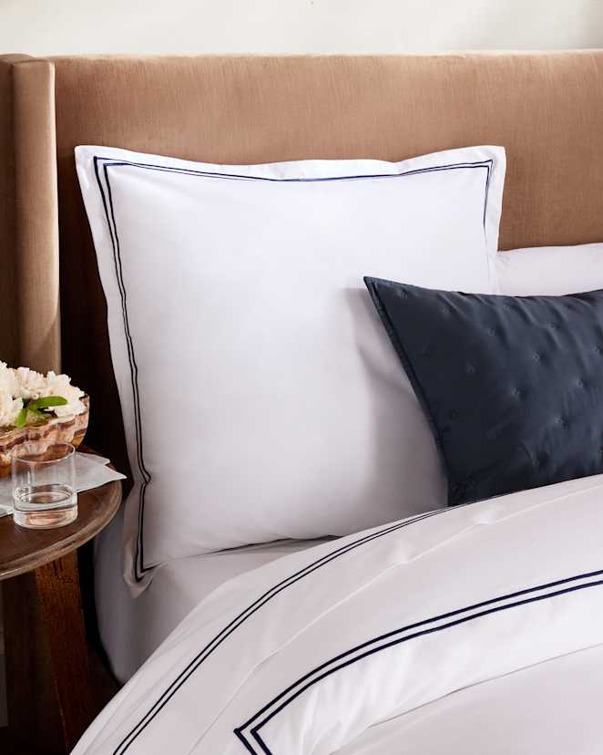 White/Navy Classic Organic Percale Embellished Euro Sham