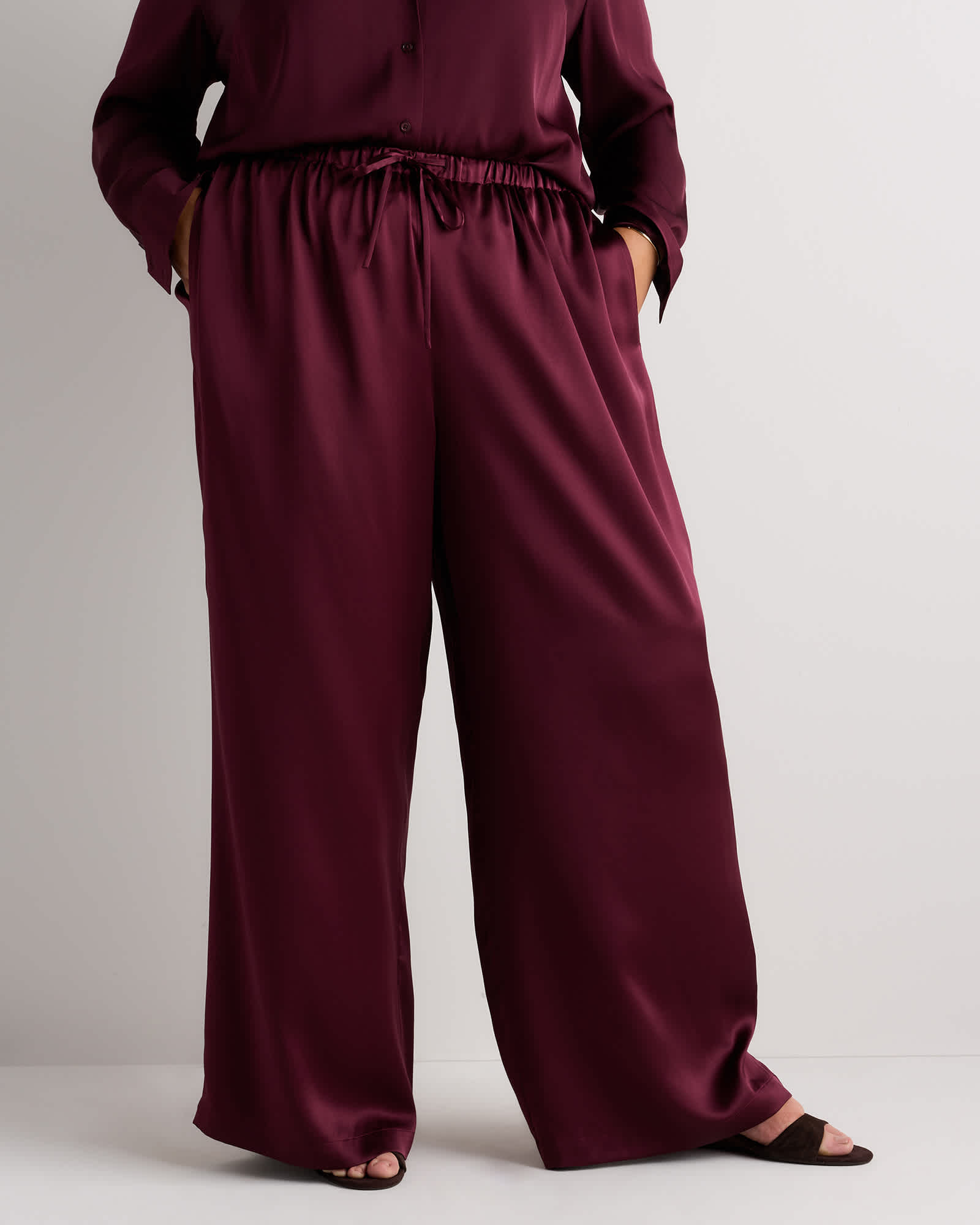 Wine Tasting Red 100% Washable Silk Drawstring Wide Leg Pants