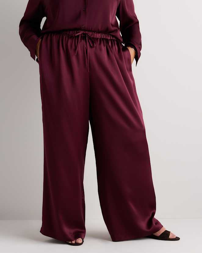 Wine Tasting Red 100% Washable Silk Drawstring Wide Leg Pants