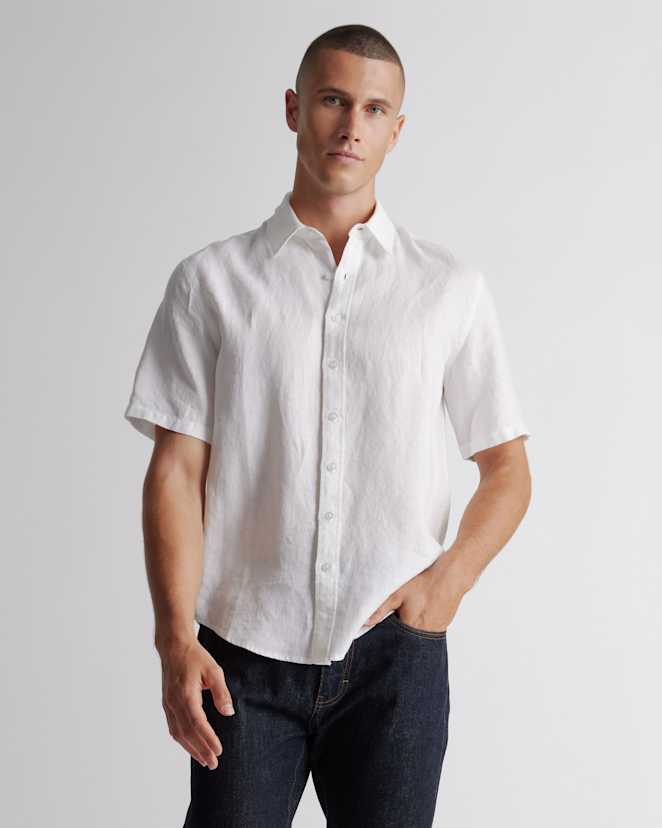 White 100% European Linen Relaxed Short Sleeve Shirt