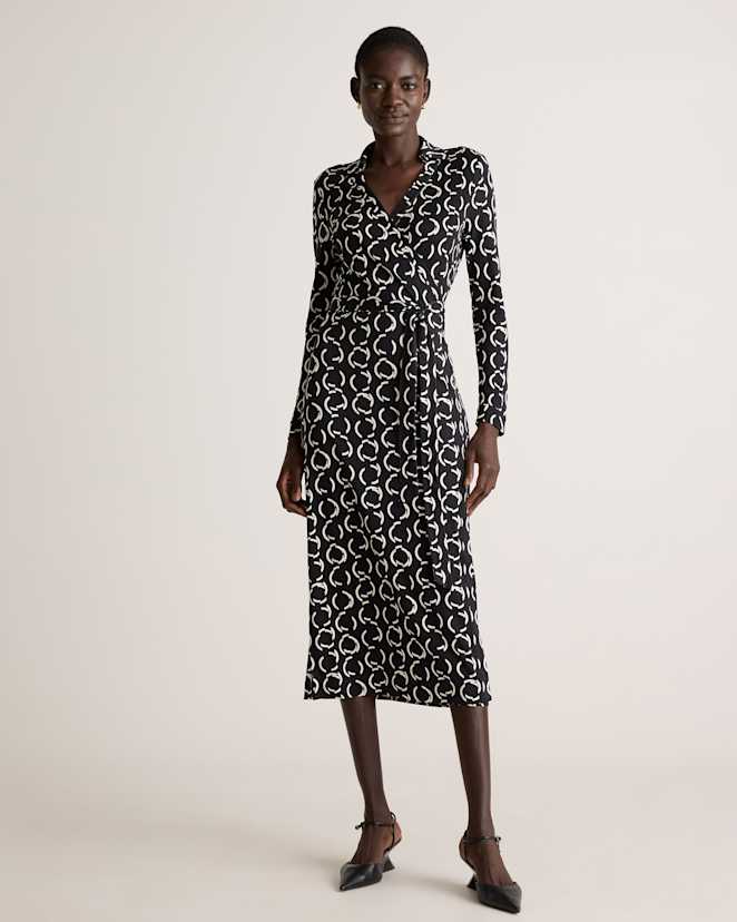Circular Contrast 100% Silk Jersey Midi Wrap Dress