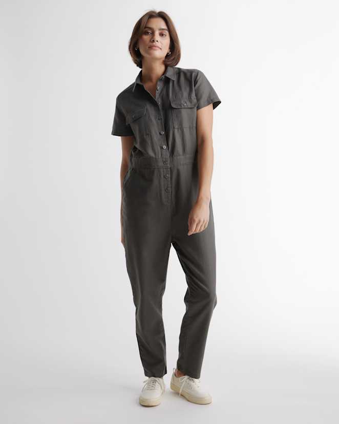 Charcoal Cotton Linen Twill Short Sleeve Coverall Jumpsuit