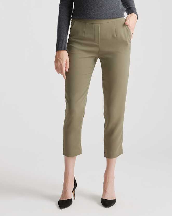 Olive Stretch Crepe Pleated Ankle Pants