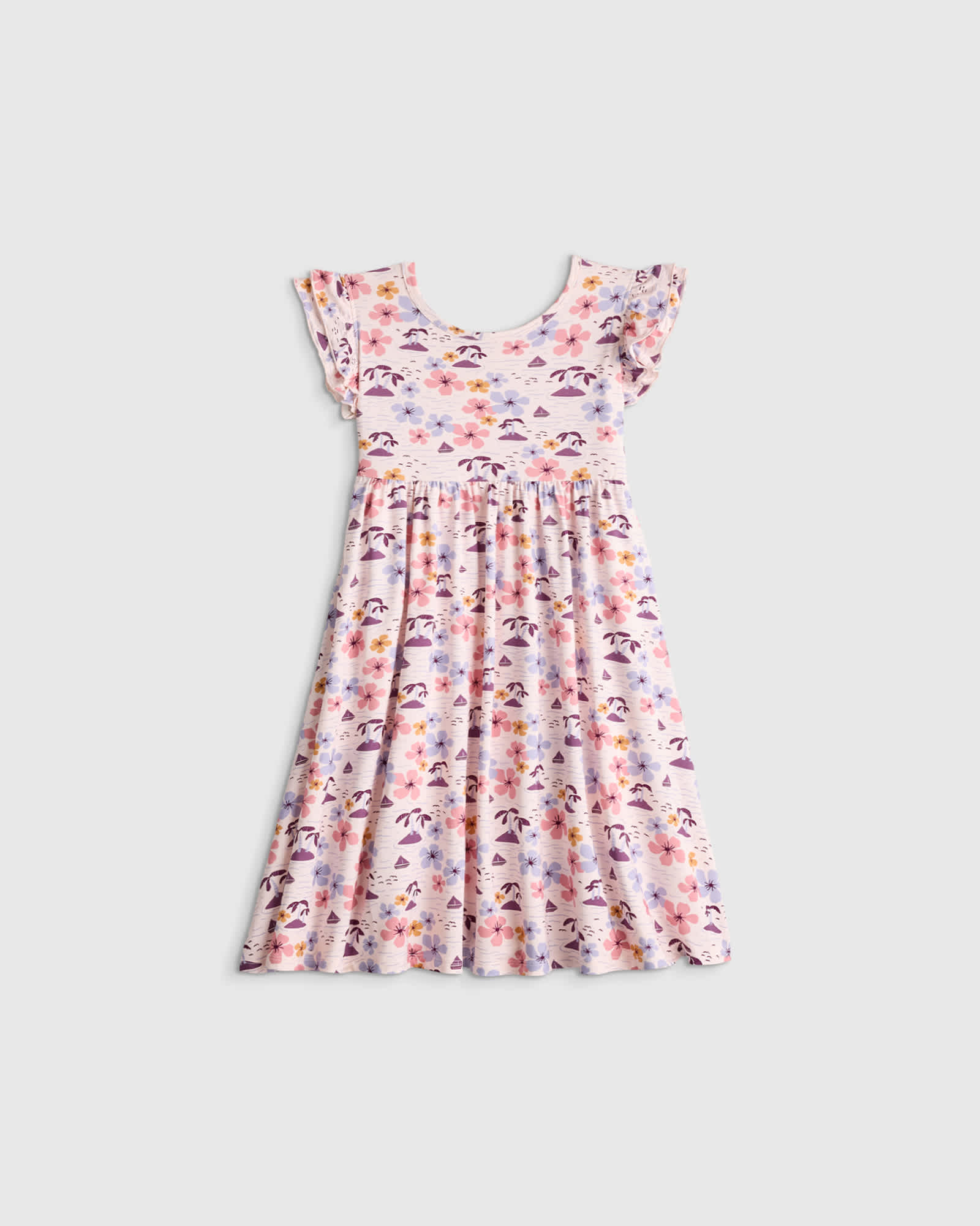 Tropical Scenic Bamboo Short Sleeve Flutter Twirl Dress