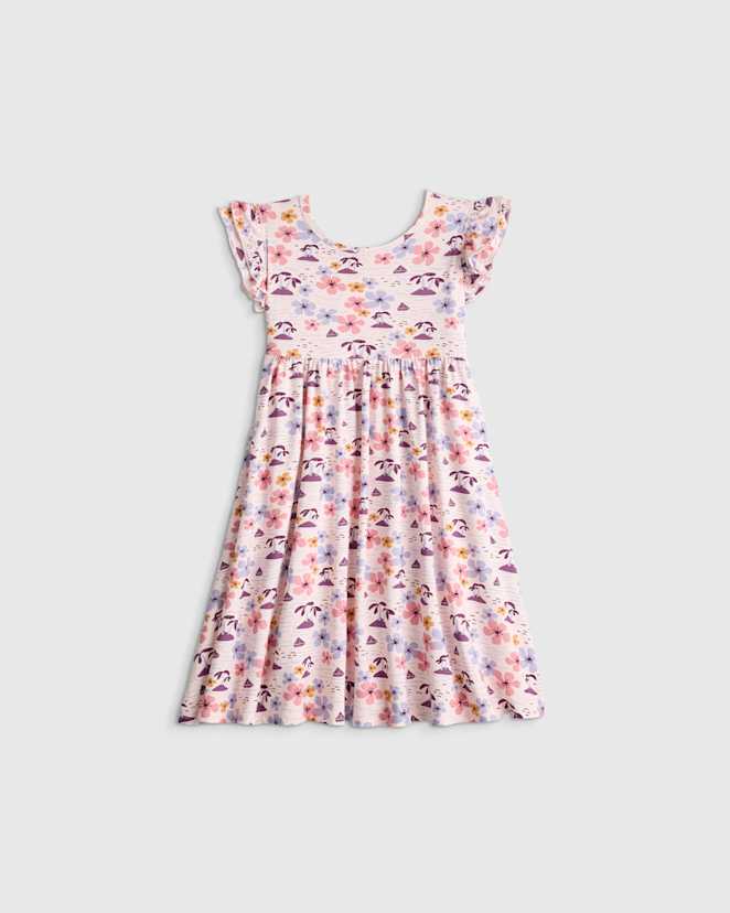 Tropical Scenic Bamboo Short Sleeve Flutter Twirl Dress