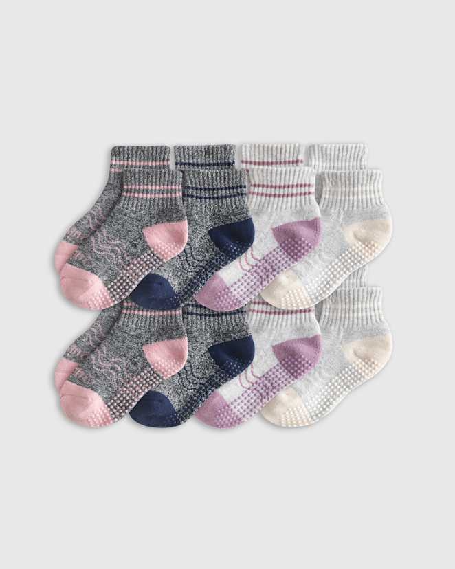 Toddler Girl Crew Grey Multi Organic Cotton Gripper Crew Socks 8-Pack
