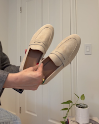 Italian Suede Penny Loafer Almond Hira Baig 4x5
