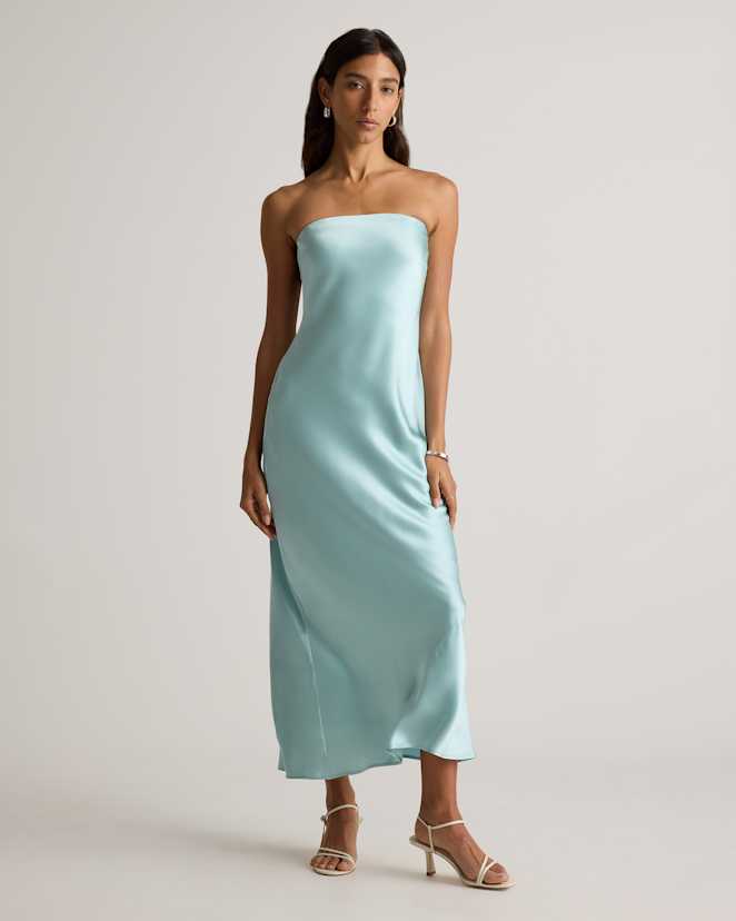 W-DRS-138-AQUPRL-46577 EDITED Aqua Pearl 100% Washable Silk Strapless Midi Dress