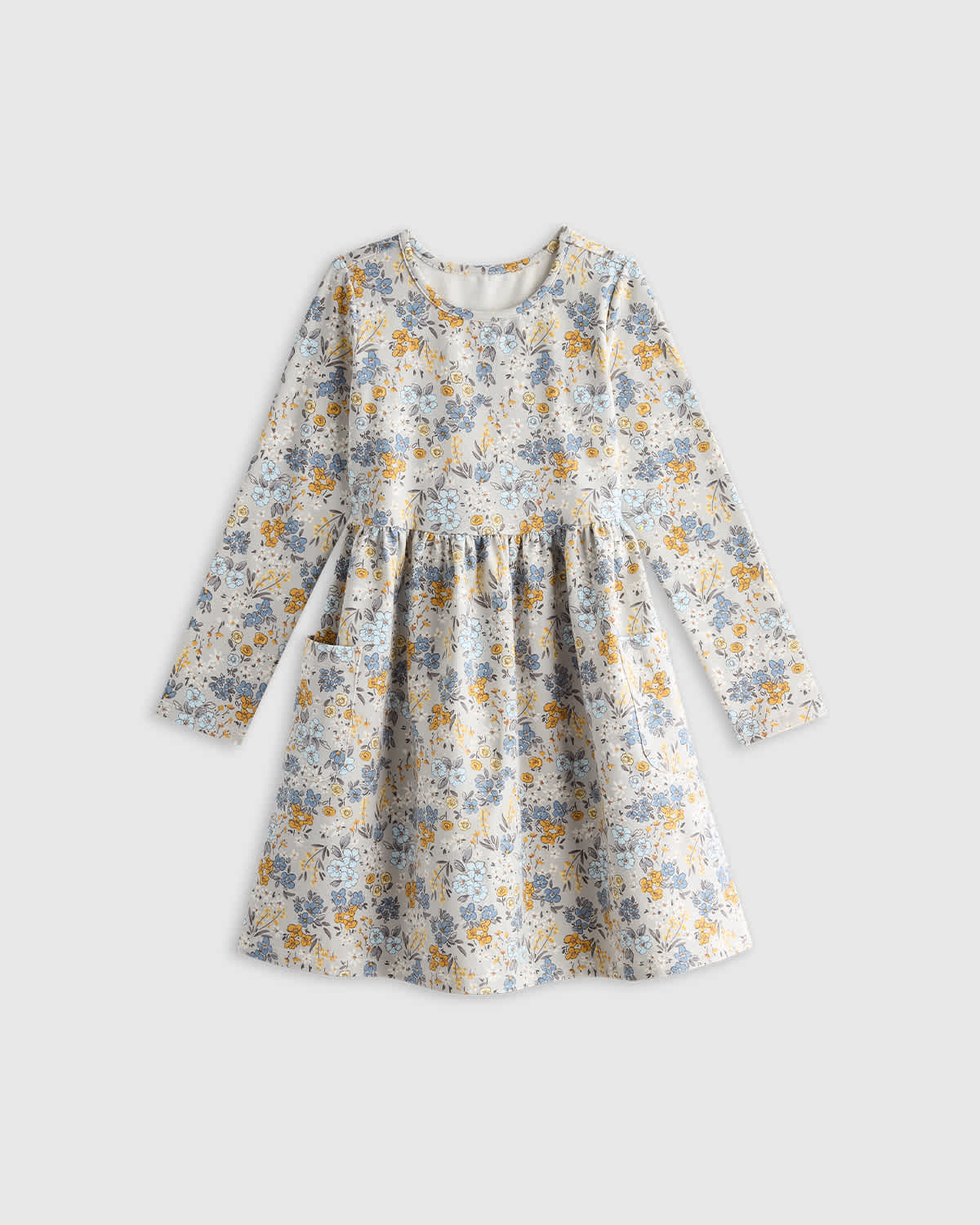 grey-ditsy-floral Organic Cotton Long Sleeve Fit and Flare Pocket Dress