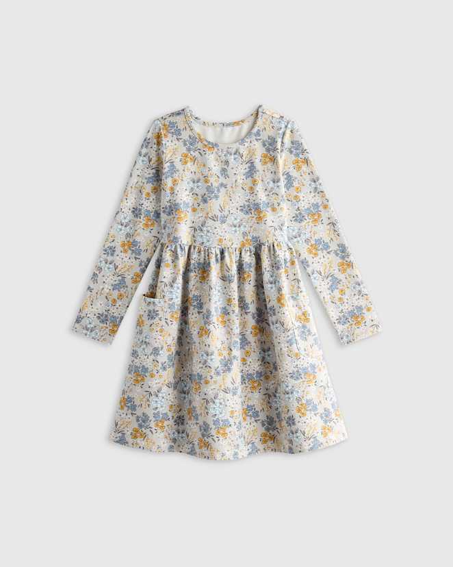 Grey Ditsy Floral Organic Cotton Long Sleeve Fit and Flare Pocket Dress