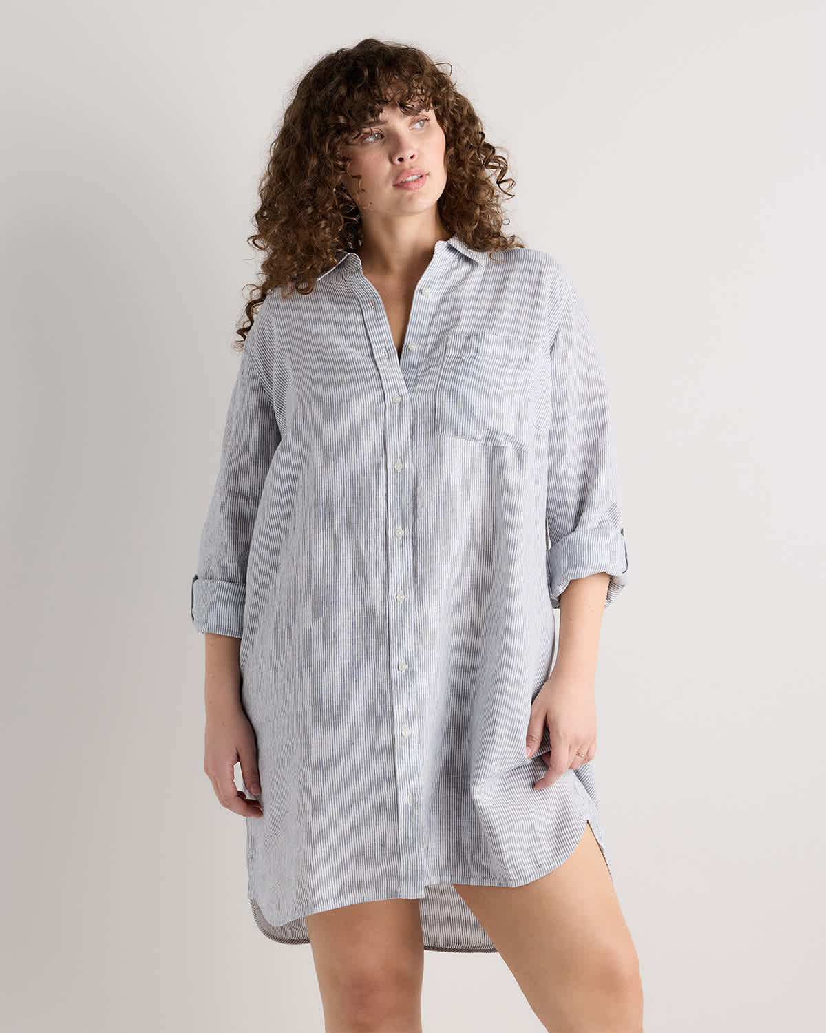 Blue Pinstripe 100% European Linen Shirt Dress