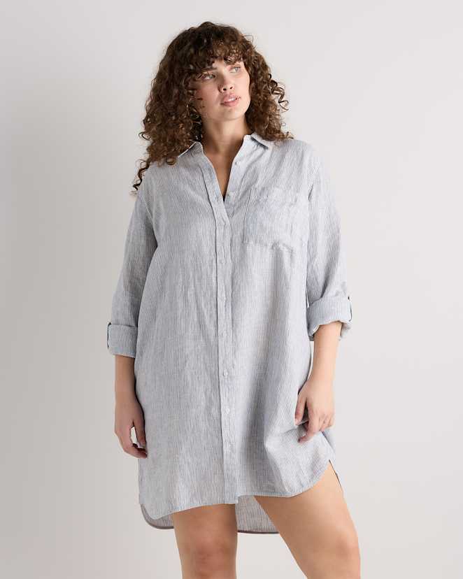 Blue Pinstripe 100% European Linen Shirt Dress