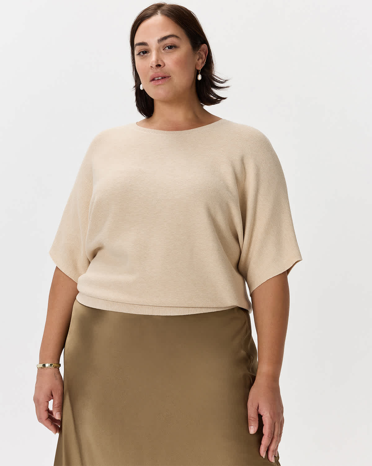 Heather Oatmeal Pull léger à manches chauve-souris en coton et cachemire à mailles chaînées