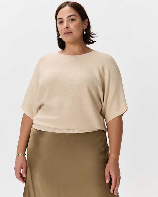 Heather Oatmeal Lightweight Cotton Cashmere Link-Stitch Dolman Sweater