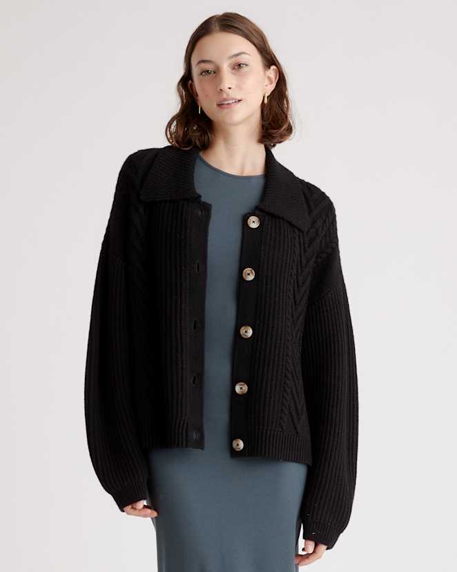 Black Australian Merino Wool Collared Cable Cardigan