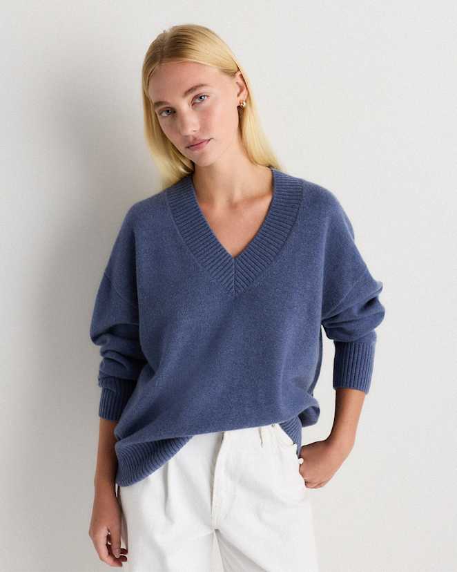Heather Storm Blue Mongolian Cashmere Oversized V-Neck Sweater