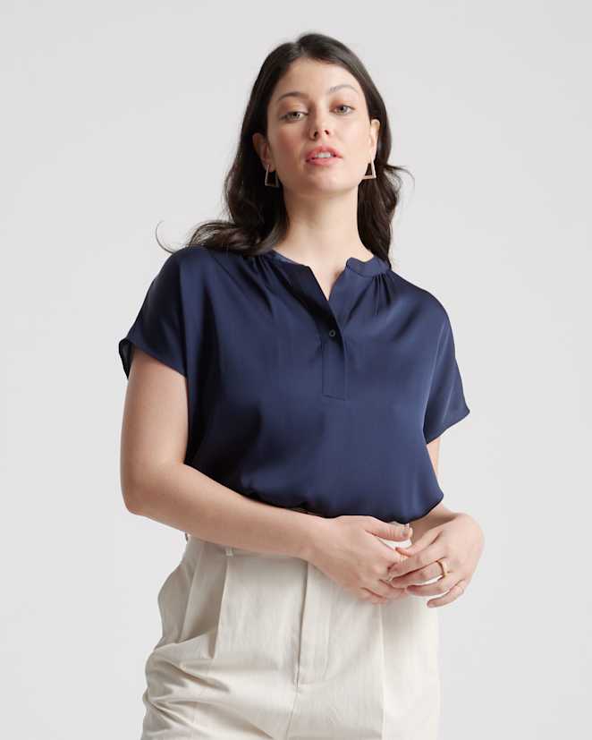 Navy Washable Stretch Silk Dolman Sleeve Blouse