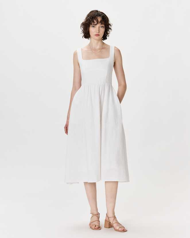 White 100% European Linen Fit & Flare Midi Dress