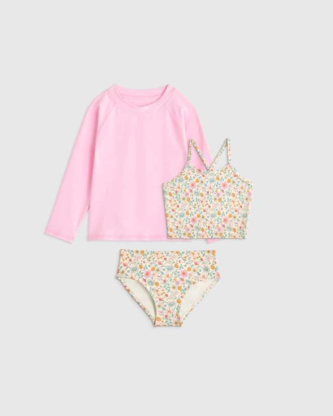 Soft Ditsy Floral Tankini and Long Sleeve Raglan Rash Guard Set