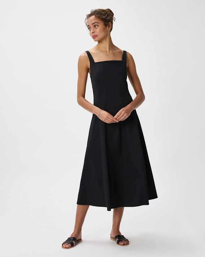 True Black Stretch Twill Fit & Flare Midi Dress