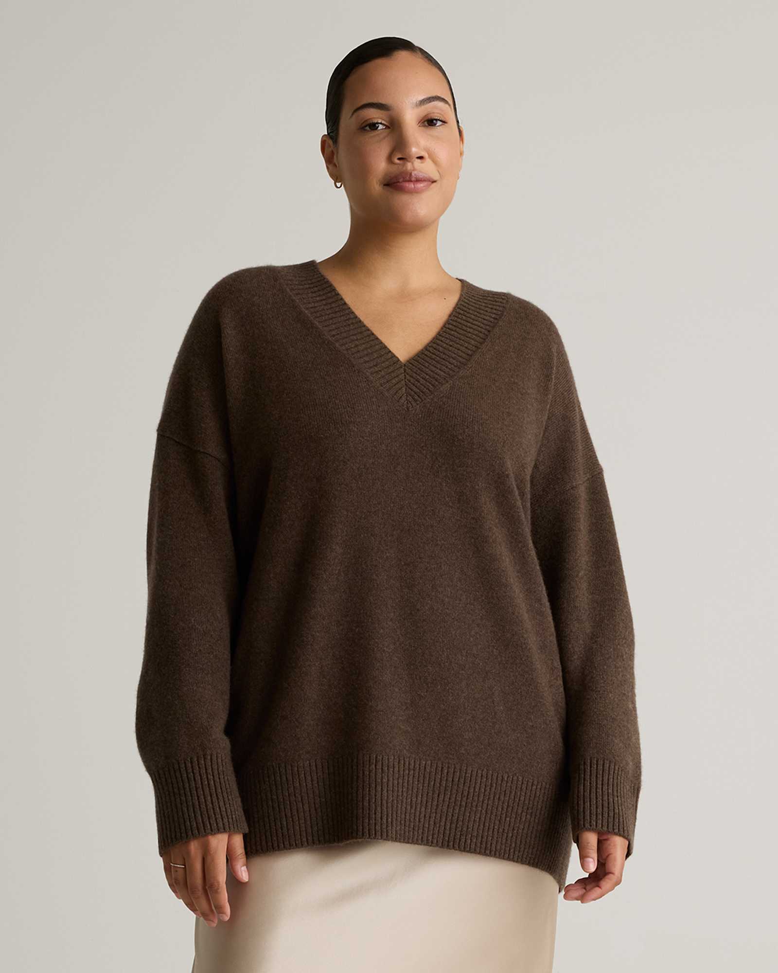 brown Mongolian Cashmere Oversized V-Neck Sweater