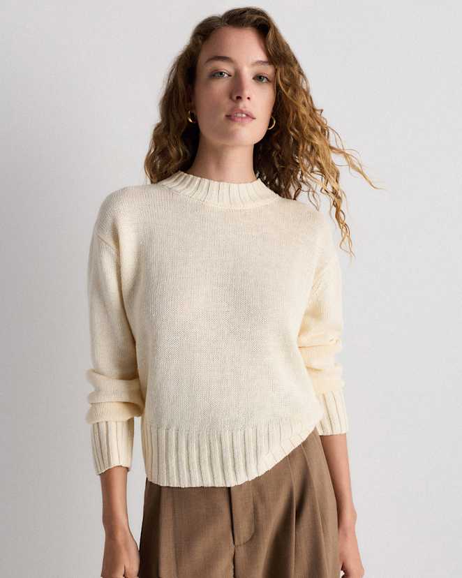 Sandstone Beige Cotton Linen Relaxed Crew Sweater