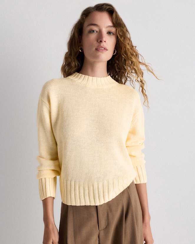 Sandstone Beige Cotton Linen Relaxed Crew Sweater