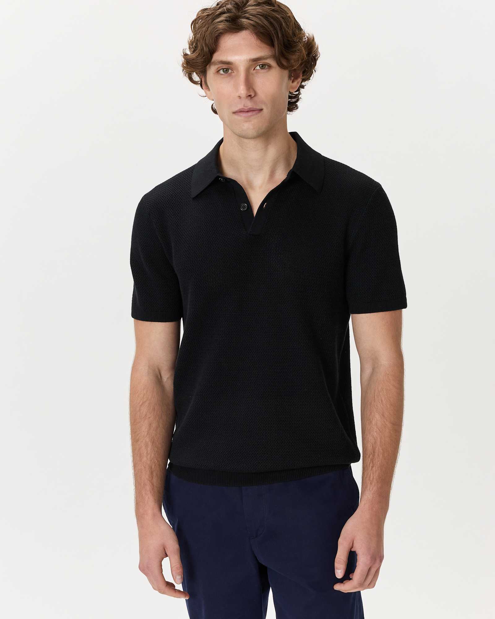 black 100% Organic Cotton Mesh-Stitch Sweater Polo