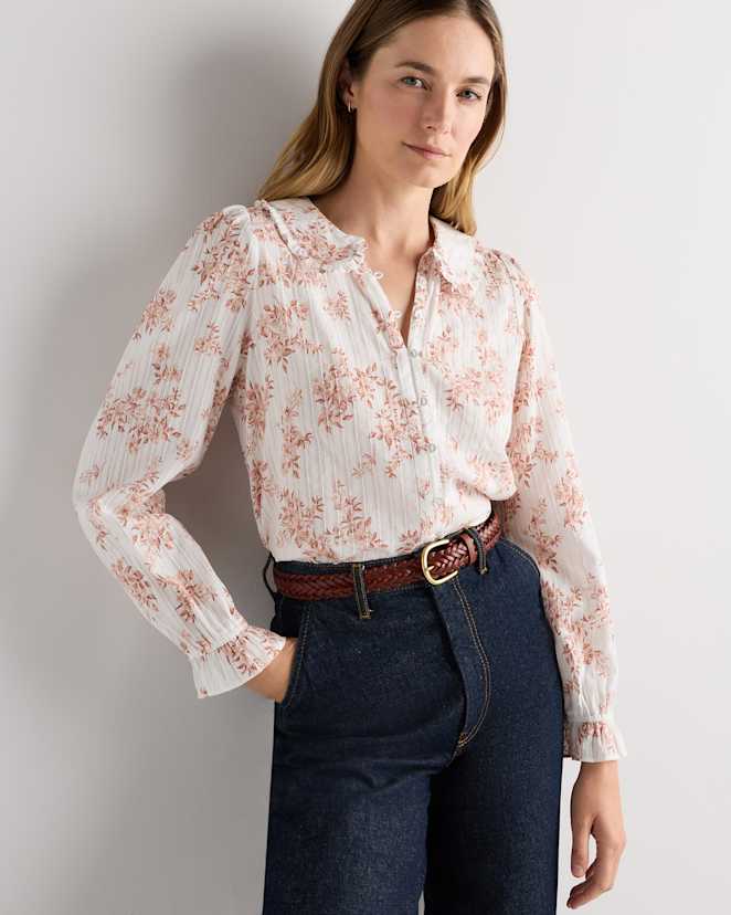 Ivory Rose Pink Petite Floral Embroidered Cotton Ruffle Collar Long Sleeve Blouse