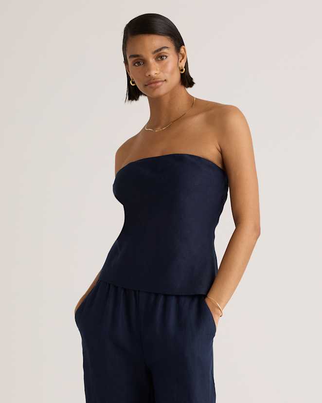 Deep Navy 100% European Linen Strapless Top