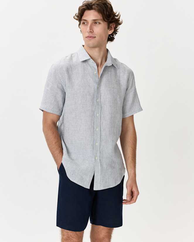 Blue Pinstripe Chemise à manches courtes ample 100 % lin européen