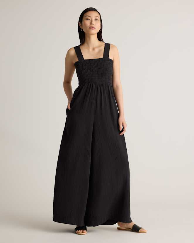 Black 100% Organic Cotton Gauze Smocked Wide Leg Jumpsuit