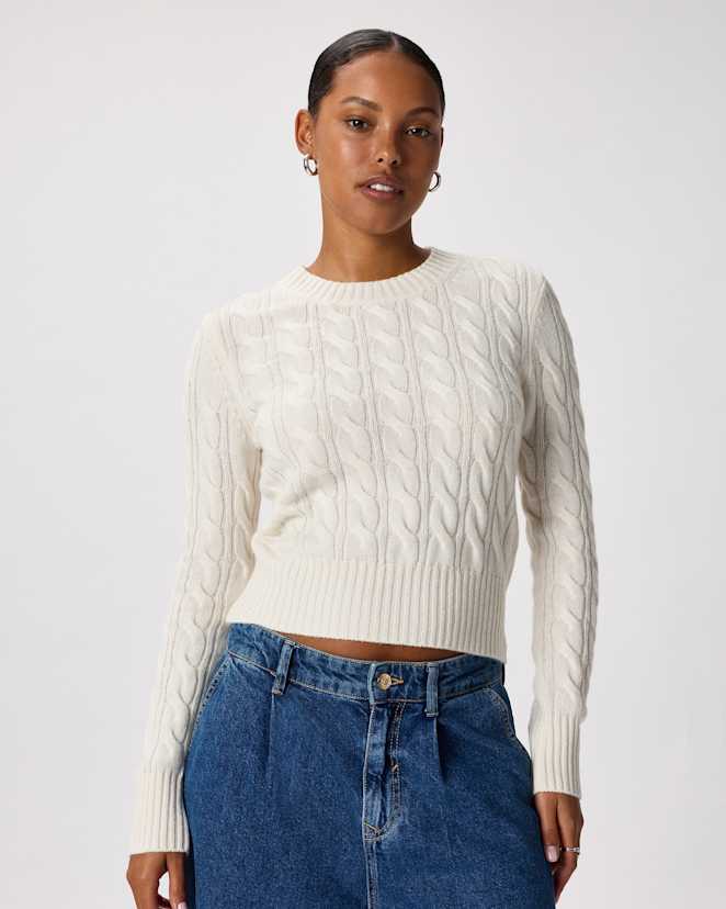 Ivory Mongolian Cashmere Shrunken Cable Crewneck Jumper